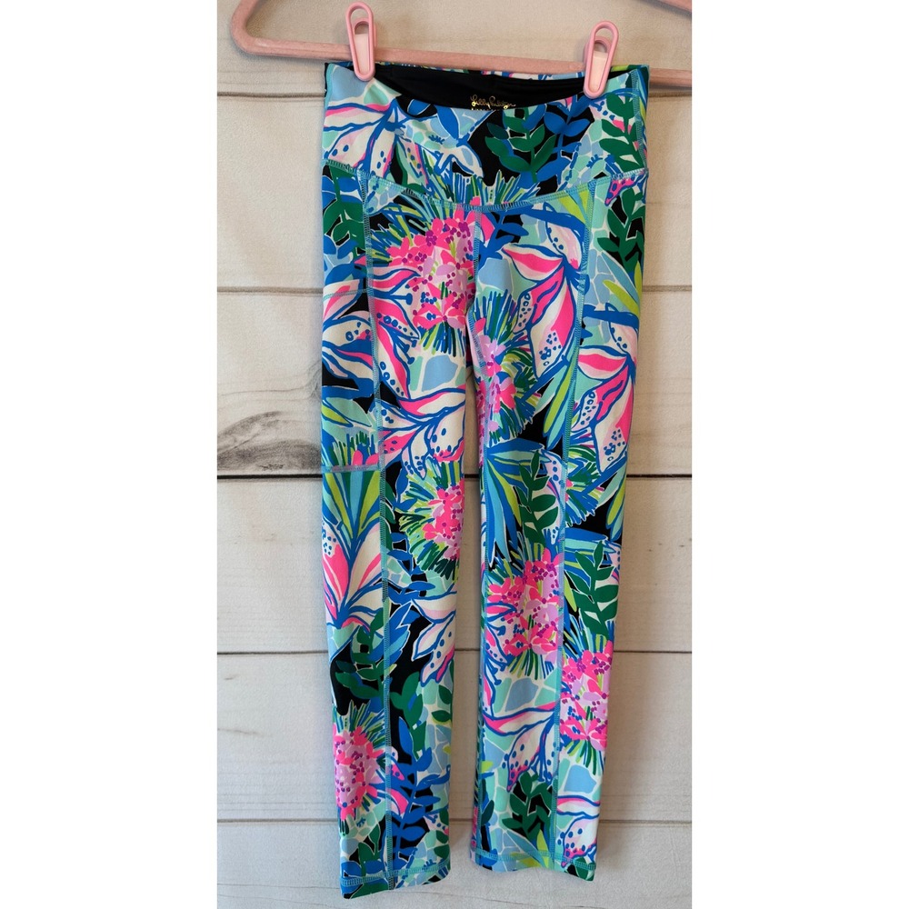 Lilly Pulitzer Luxletic Tropical Floral Crop Leggings XXS Blue Pink Multi Pocket
